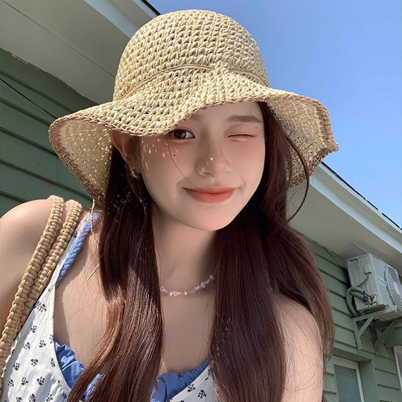 Brim Sun-proof Sun Protection Beach Trip All-matching Sun-proof Dome Straw Hollow Breathable Straw Hat