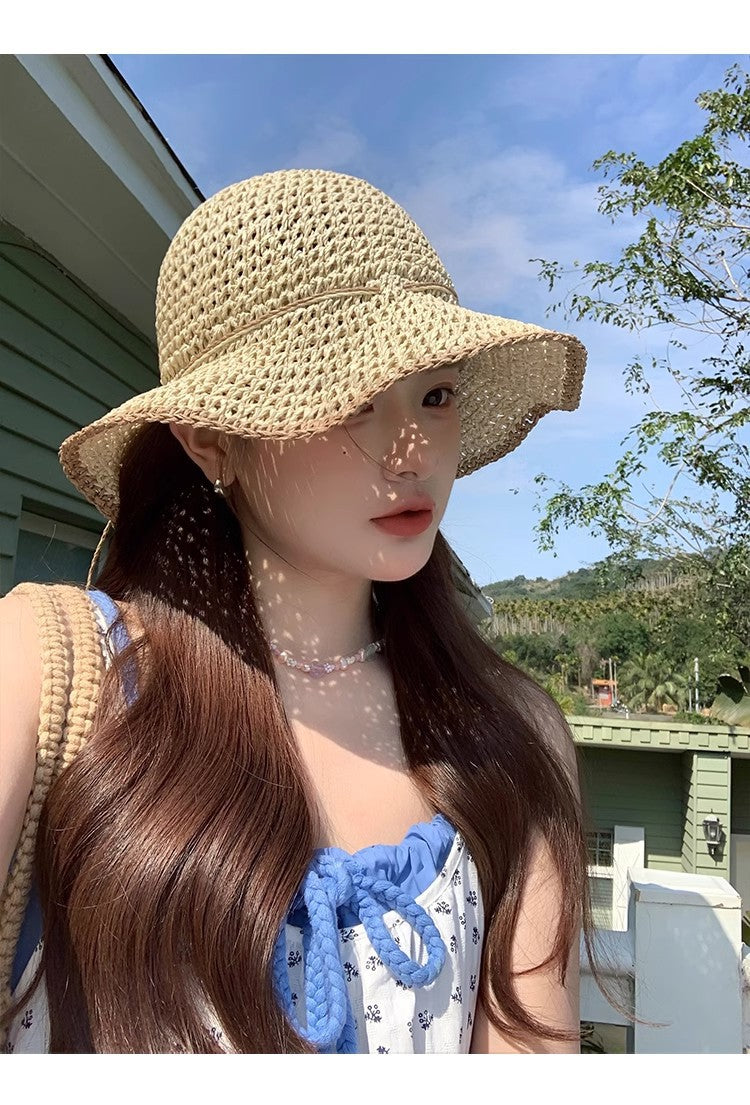 Brim Sun-proof Sun Protection Beach Trip All-matching Sun-proof Dome Straw Hollow Breathable Straw Hat