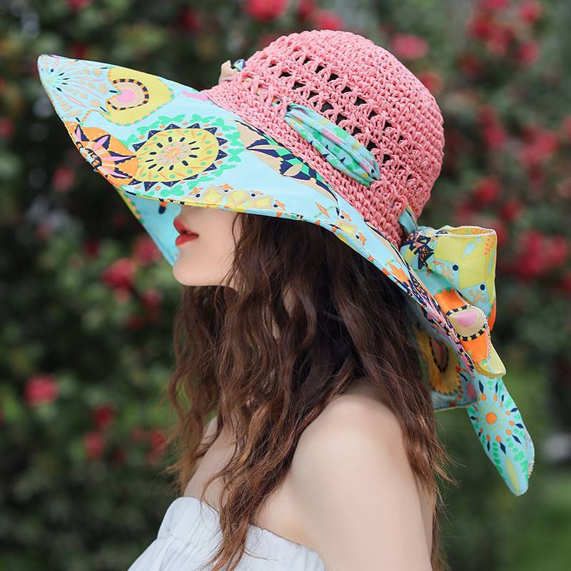 Women's Patterned Straw Beach Sun Hat – Round Crown UV Protection Summer Hat