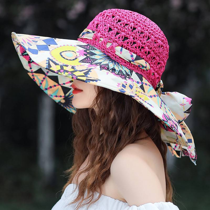 Women's Patterned Straw Beach Sun Hat – Round Crown UV Protection Summer Hat